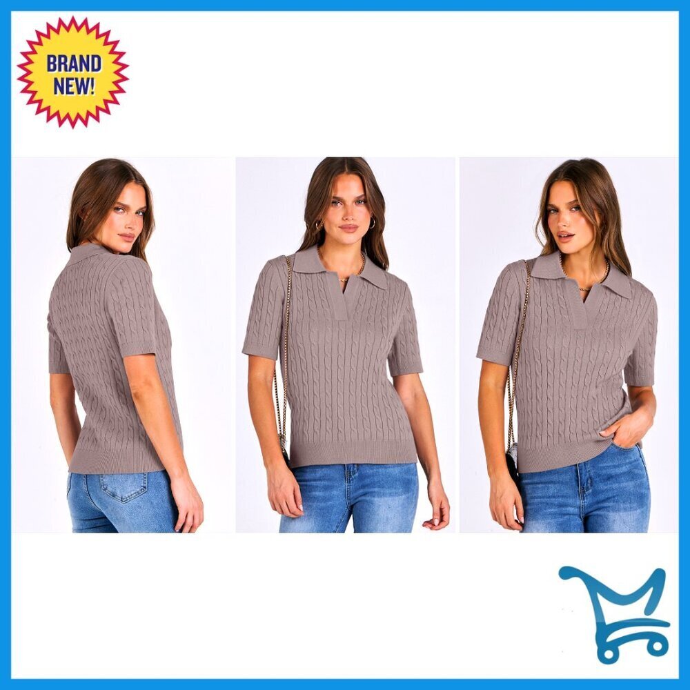 Short Sleeve V Neck Cable Knit Sweater Top Loose Fit Casual Summer Pullover - Picture 7 of 7